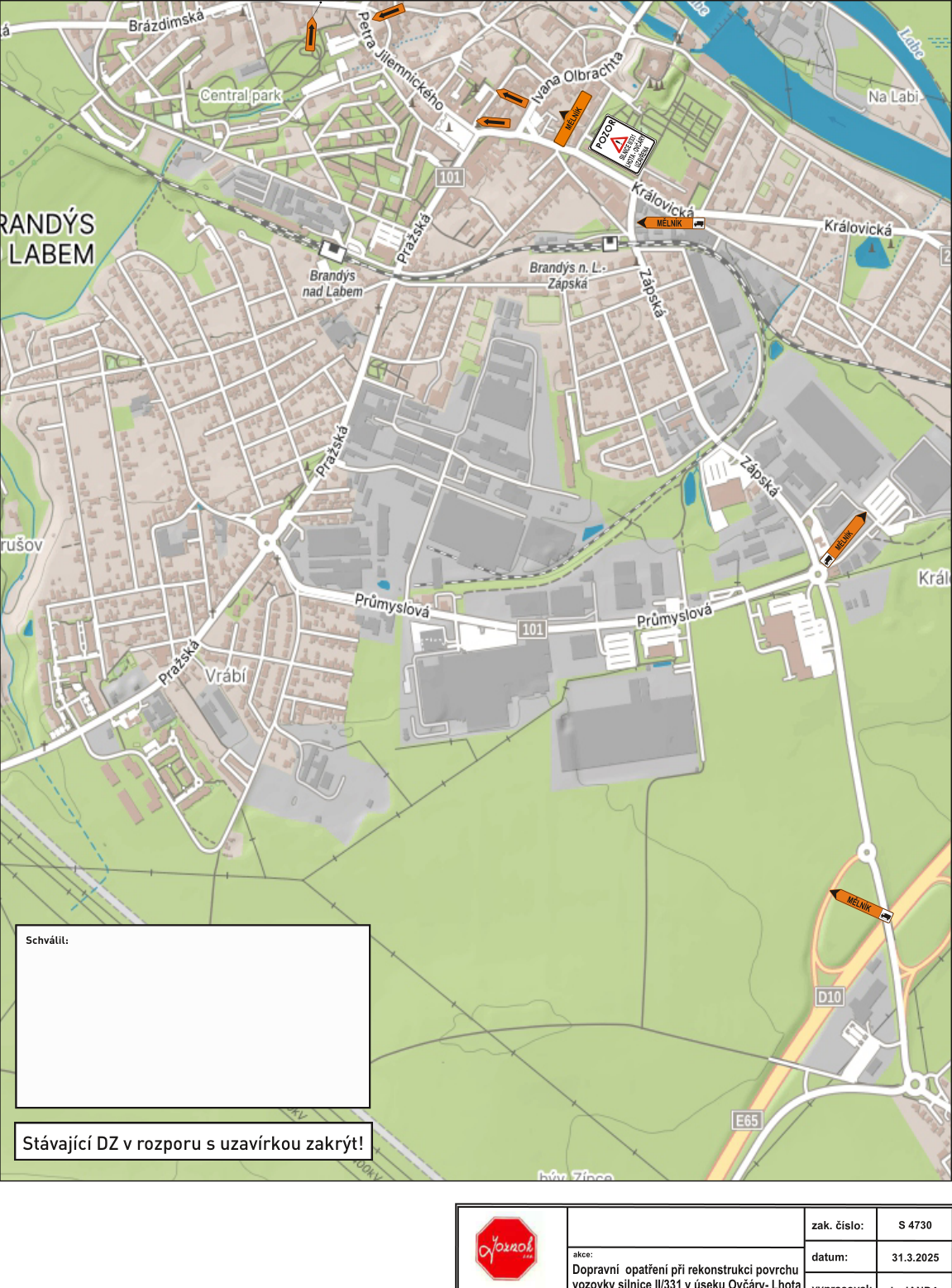 Situační nákres dopravního značení při rekonstrukci povrchu vozovky silnice II/331 v Brandýse nad Labem.
