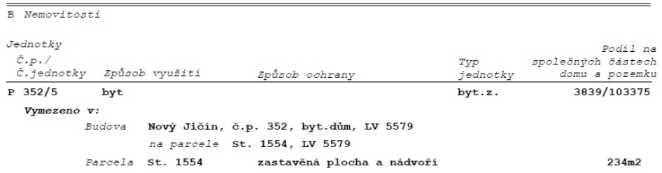 Výpis z katastru nemovitostí, část B Nemovitosti. Jednotka: P 352/5, způsob využití: byt, typ jednotky: byt.z., podíl na společných částech domu a pozemku: 3839/103375. Vymezeno v: Budova Nový Jičín, č.p. 352, byt.dům, LV 5579, na parcele St. 1554, LV 5579. Parcela: St. 1554, zastavěná plocha a nádvoří, 234 m2.