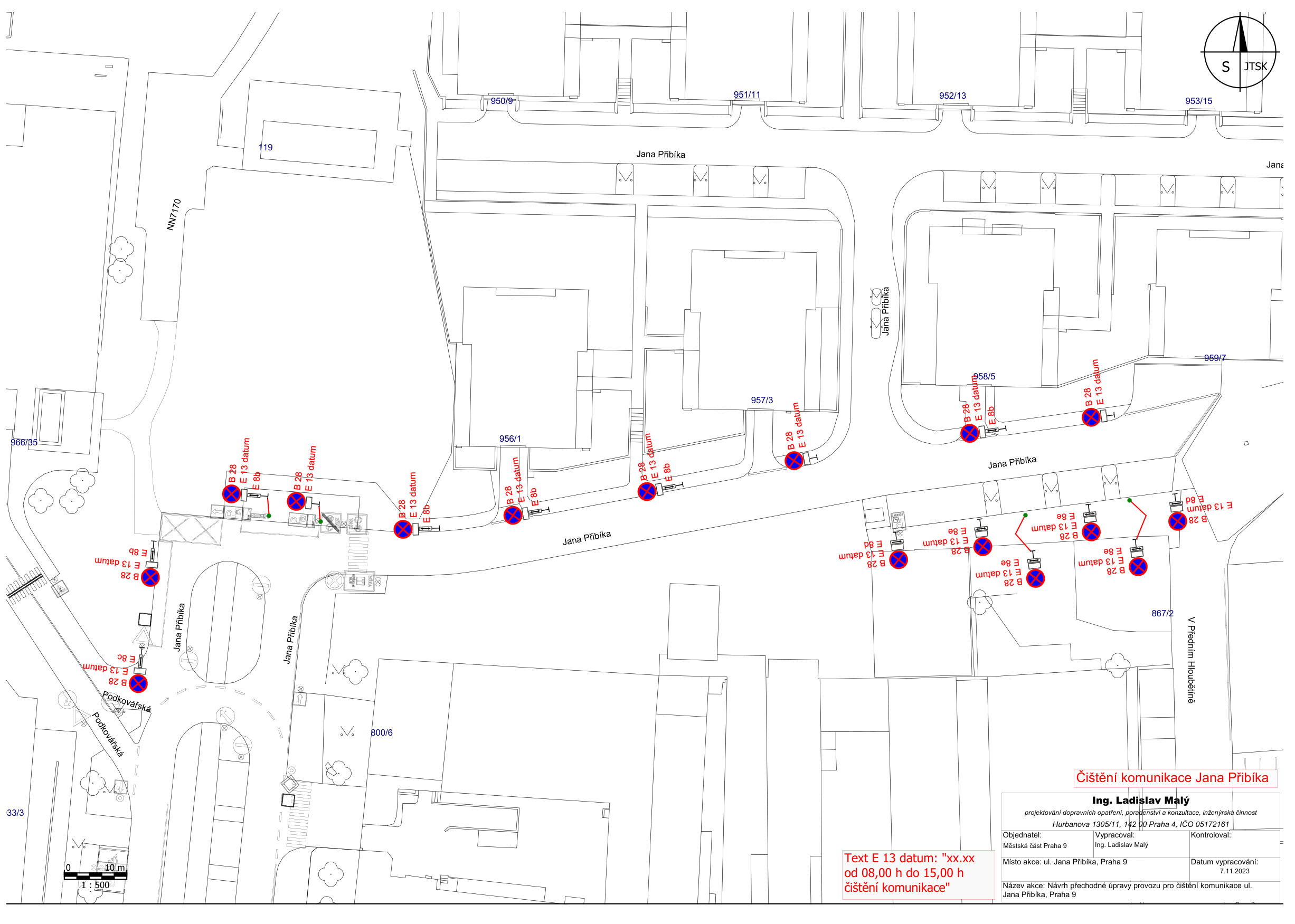 Situační nákres dopravního značení pro dočasný zákaz zastavení z důvodu čištění ulice Jana Přibíka v Praze.
