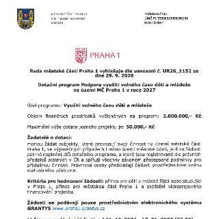 MĚSTSKÁ ČÁST PRAHA 1, Mgr. Terezie Radoměřská starostka, Pořadové číslo: ÚMČ P1 735362/2026/BF/01, Odbor školství. PRAHA 1. Rada městské části Praha 1 vyhlašuj…