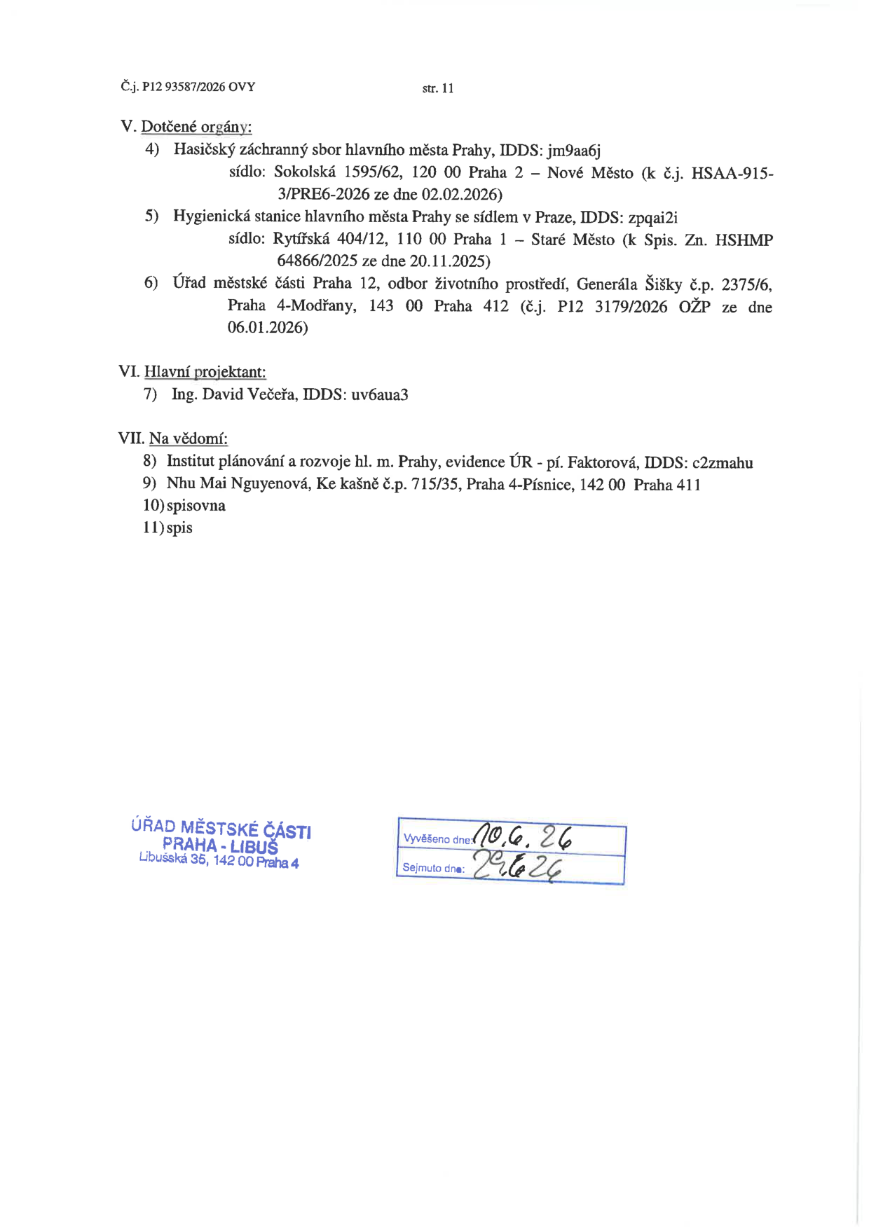 Úřední dokument (strana 11, č.j. P12 93587/2026 OVY) obsahující seznam dotčených orgánů a adresátů: 4) Hasičský záchranný sbor hl. m. Prahy, 5) Hygienická stanice hl. m. Prahy, 6) Úřad městské části Praha 12 (odbor životního prostředí), 7) Ing. David Večeře (hlavní projektant), 8) Institut plánování a rozvoje hl. m. Prahy, 9) Nhu Mai Nguyenová. Dokument obsahuje razítko Úřadu městské části Praha-Libuš s informací o vyvěšení na úřední desce: vyvěšeno dne 10. 6. 26, sejmuto dne 29. 6. 26.