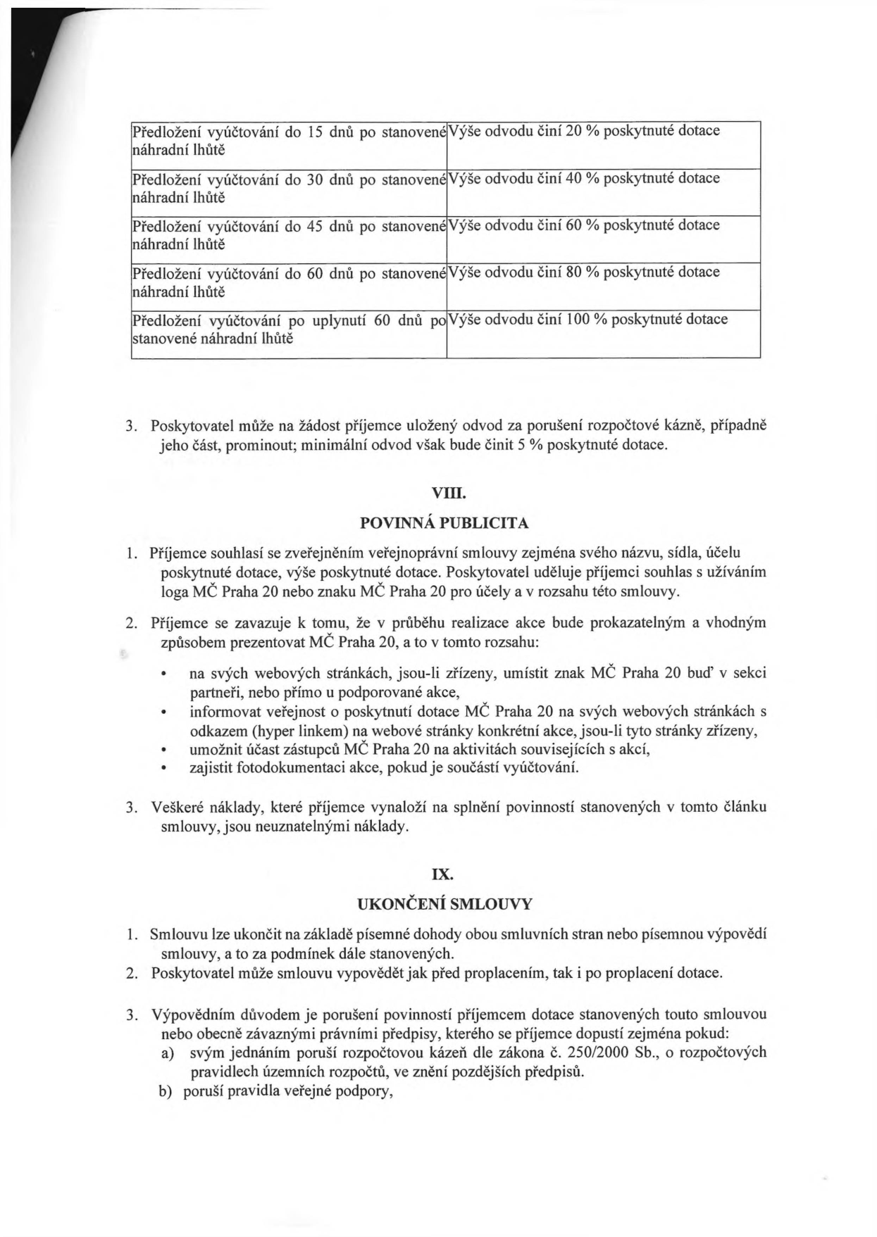 Tabulka sankcí za pozdní předložení vyúčtování dotace: do 15 dnů 20 %, do 30 dnů 40 %, do 45 dnů 60 %, do 60 dnů 80 %, po 60 dnech 100 % poskytnuté dotace. Dále text smlouvy: bod 3 (možnost prominutí odvodu), článek VIII. Povinná publicita (povinnost uvádět logo MČ Praha 20, informovat o dotaci na webu, umožnit účast zástupců MČ Praha 20 a zajistit fotodokumentaci), článek IX. Ukončení smlouvy (možnost dohody, výpovědi a důvody výpovědi při porušení rozpočtové kázně dle zákona č. 250/2000 Sb. nebo pravidel veřejné podpory).