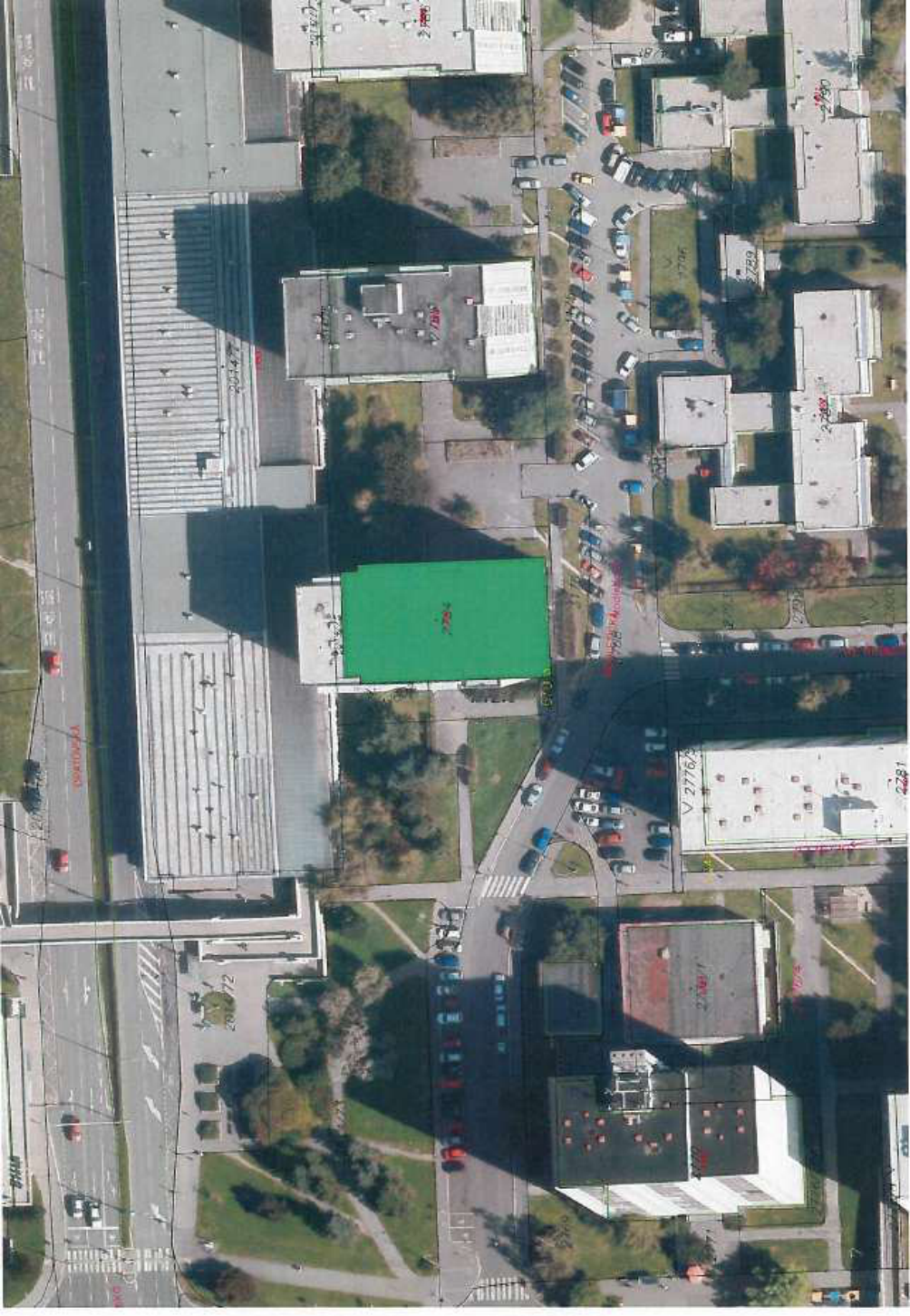 Ortofotomapa území s vyznačenými katastrálními parcelami a čísly budov. Čitelné identifikátory parcel a objektů: 2784 (zvýrazněno zeleně), 2789, 2790, 2776/3, 2776/1, 2281, 201477, 201472. V levé části je patrná ulice s označením 'DRATOVÁCKA'.