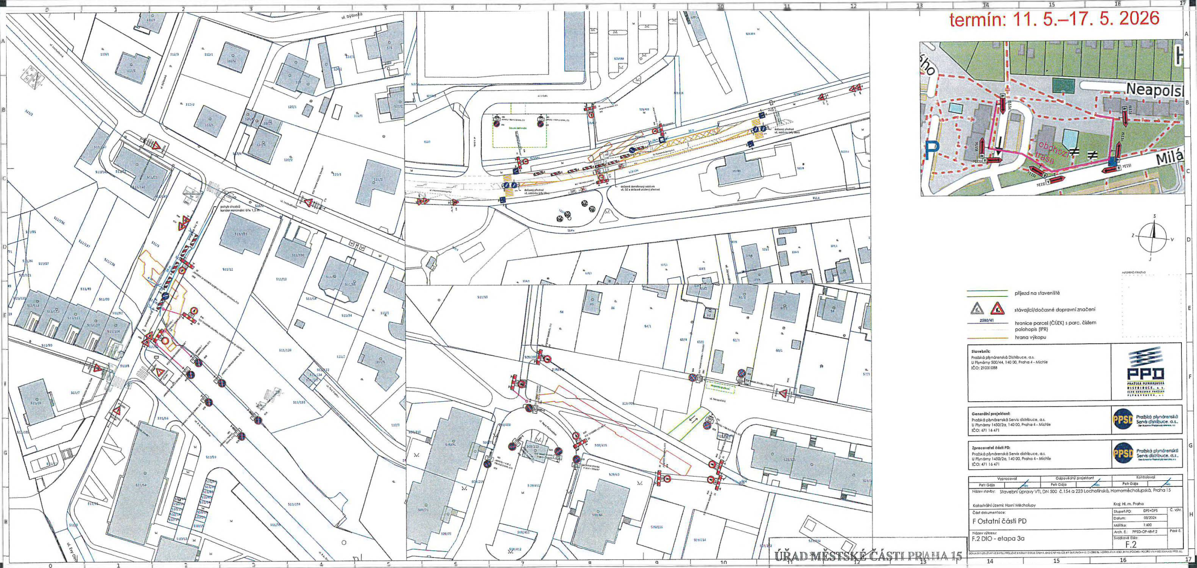 Situační nákres dopravního značení a plán stavby pro úpravy plynovodu v Praze 15.