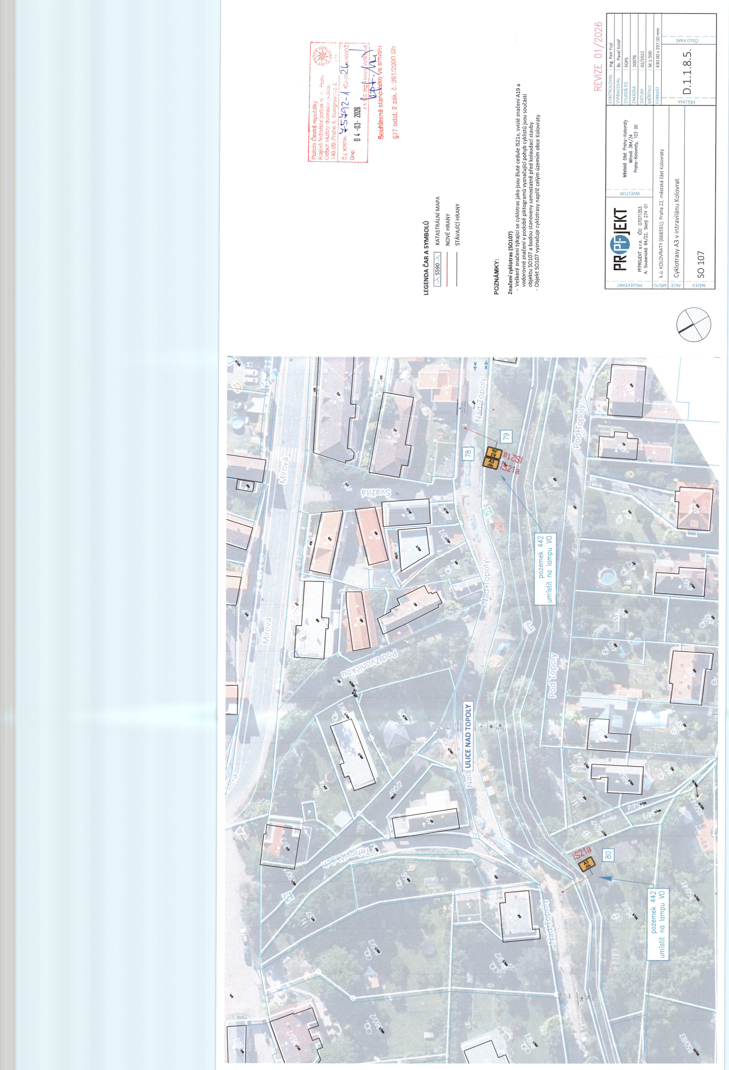 Koordinační situační výkres dopravního značení cyklotras v obci Kolovraty.