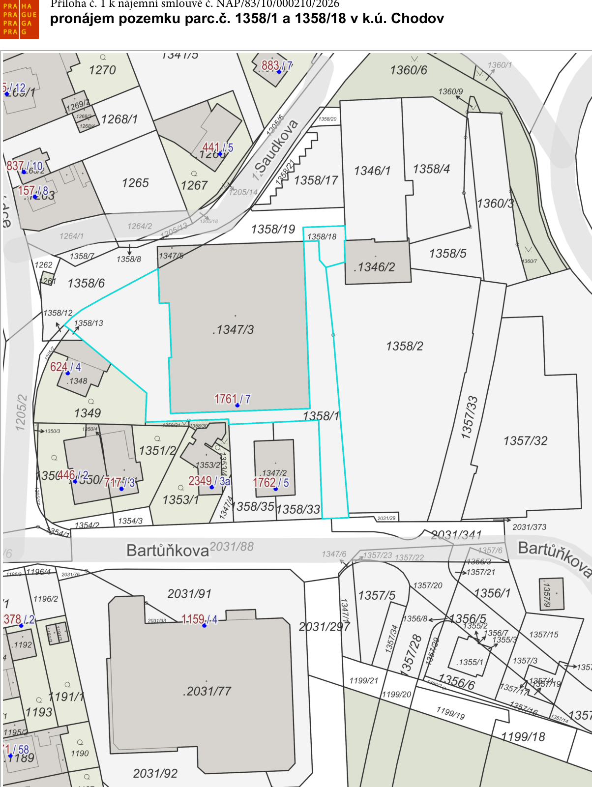Katastrální mapa zobrazující vymezené parcely č. 1358/1 a 1358/18 v k.ú. Chodov určené k pronájmu.