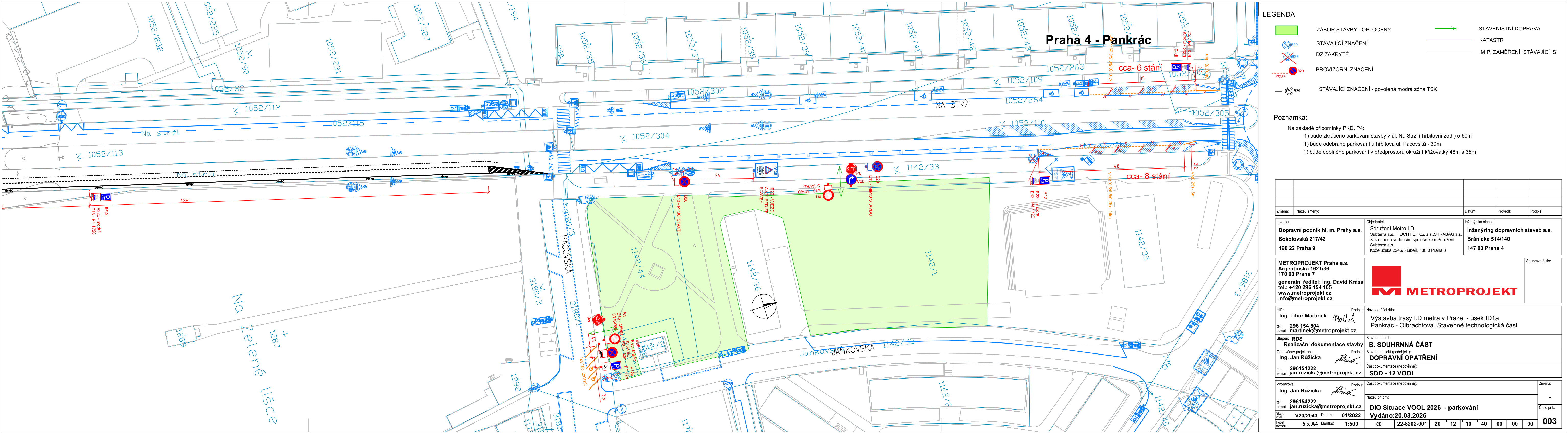 Projektová dokumentace dopravního opatření (DIO) pro oblast Praha 4 - Pankrác. Dokument obsahuje situační plán stavby s vyznačeným záborem (zelená plocha), provizorním značením a parkovacími místy. Klíčové informace: Investor: Dopravní podnik hl. m. Prahy a.s., Zhotovitel: Sdružení Metro I.D., Projektant: METROPROJEKT Praha a.s. Název akce: Výstavba trasy I.D metra v Praze - úsek ID1a. Poznámky: 1) bude zrušeno parkování stavby v ul. Na Strži (místní zeď) v délce 60m, 2) bude odebráno parkování v ul. Pacovská v délce 30m, 3) bude doplněno parkování v předprostoru okružní křižovatky 48m a 35m. Datum vydání: 20.03.2026. Číslo výkresu: 003.