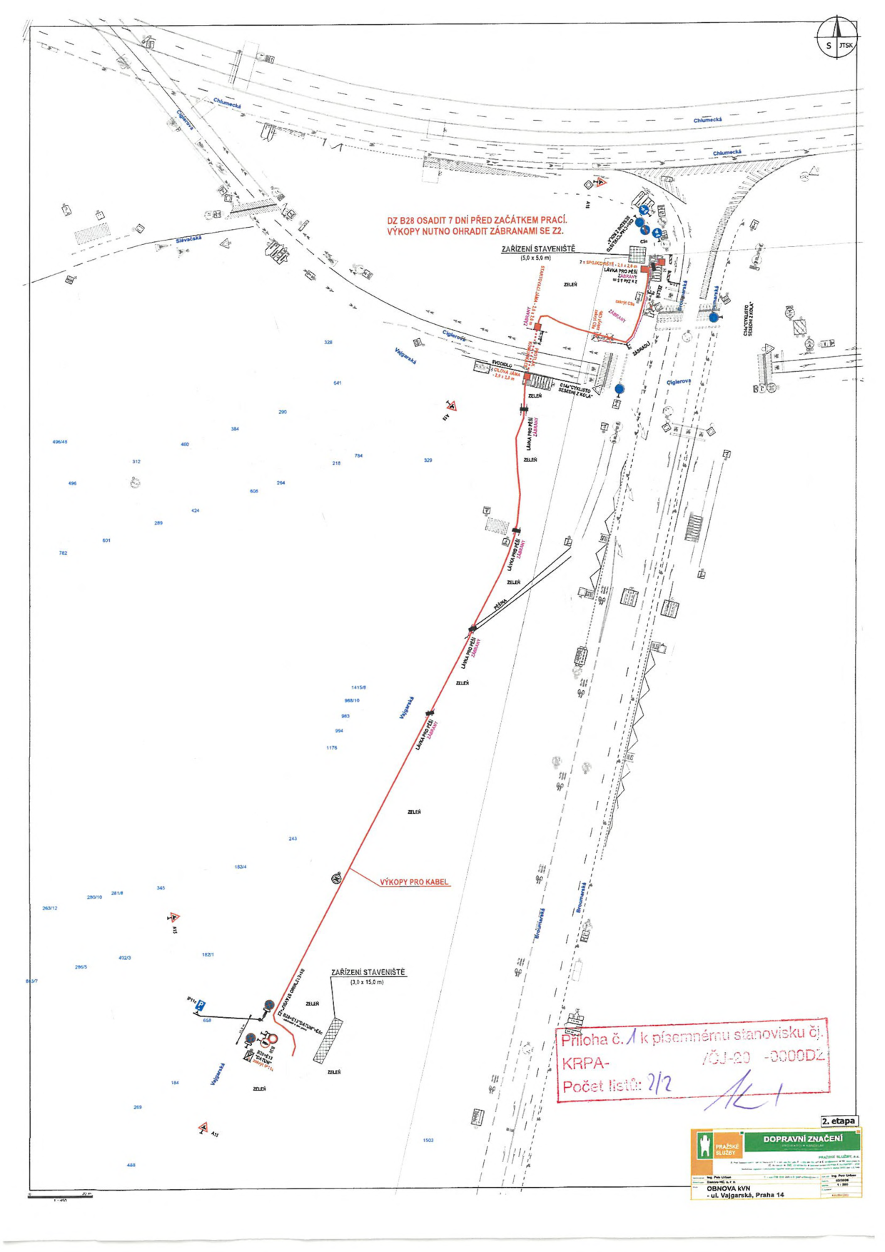 Koordinační situační výkres dopravního značení pro druhou etapu obnovy kabelového vedení (KVN) v ulici Vajgarská.