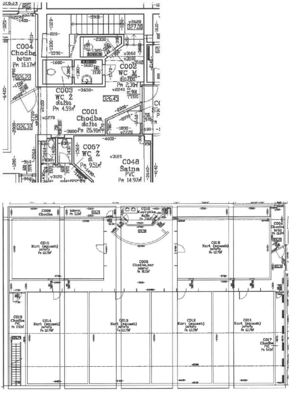 Stavební výkres půdorysu podlaží budovy. Horní část obsahuje: C004 Chodba beton 16.17m², C003 WC Z dlažba 4.59m², C002 WC M dlažba 2.30m², C001 Chodba dlažba 26.91m², C057 WC Z dl. 9.51m², C048 Šatna PVC 14.97m². Dolní část obsahuje: C009 Chodba, C010 Kuchyňka dlažba 7.56m², C008 Chodba, bar koberec 90.13m², C015 Kurt (squash) parkety 62.79m², C016 Kurt (squash) parkety 62.79m², C018 Chodba PVC 17.83m², C014 Kurt (squash) parkety 62.79m², C013 Kurt (squash) parkety 62.79m², C012 Kurt (squash) parkety 62.79m², C011 Kurt (squash) parkety 62.79m², C017 Chodba PVC 9.13m².