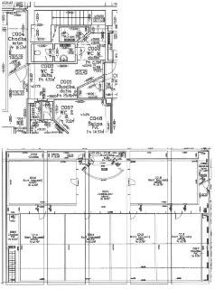 Stavební výkres půdorysu podlaží budovy. Horní část obsahuje: C004 Chodba beton 16.17m², C003 WC Z dlažba 4.59m², C002 WC M dlažba 2.30m², C001 Chodba dlažba 2…