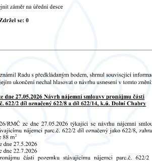 Výňatek z usnesení Rady městské části ze dne 27.05.2026 týkající se návrhu nájemní smlouvy na pronájem části pozemku parc. č. 622/2 (díly 622/8 a 622/14) v k.ú…