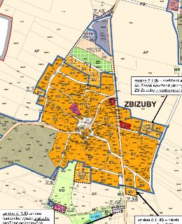 Výřez územního plánu obce s vyznačenými změnami a funkčními plochami. Texty v obrázku: 'ZBIZUBY', 'změna č.1.II) – rozšíření a současné navržené plochy Z3 Zbiz…