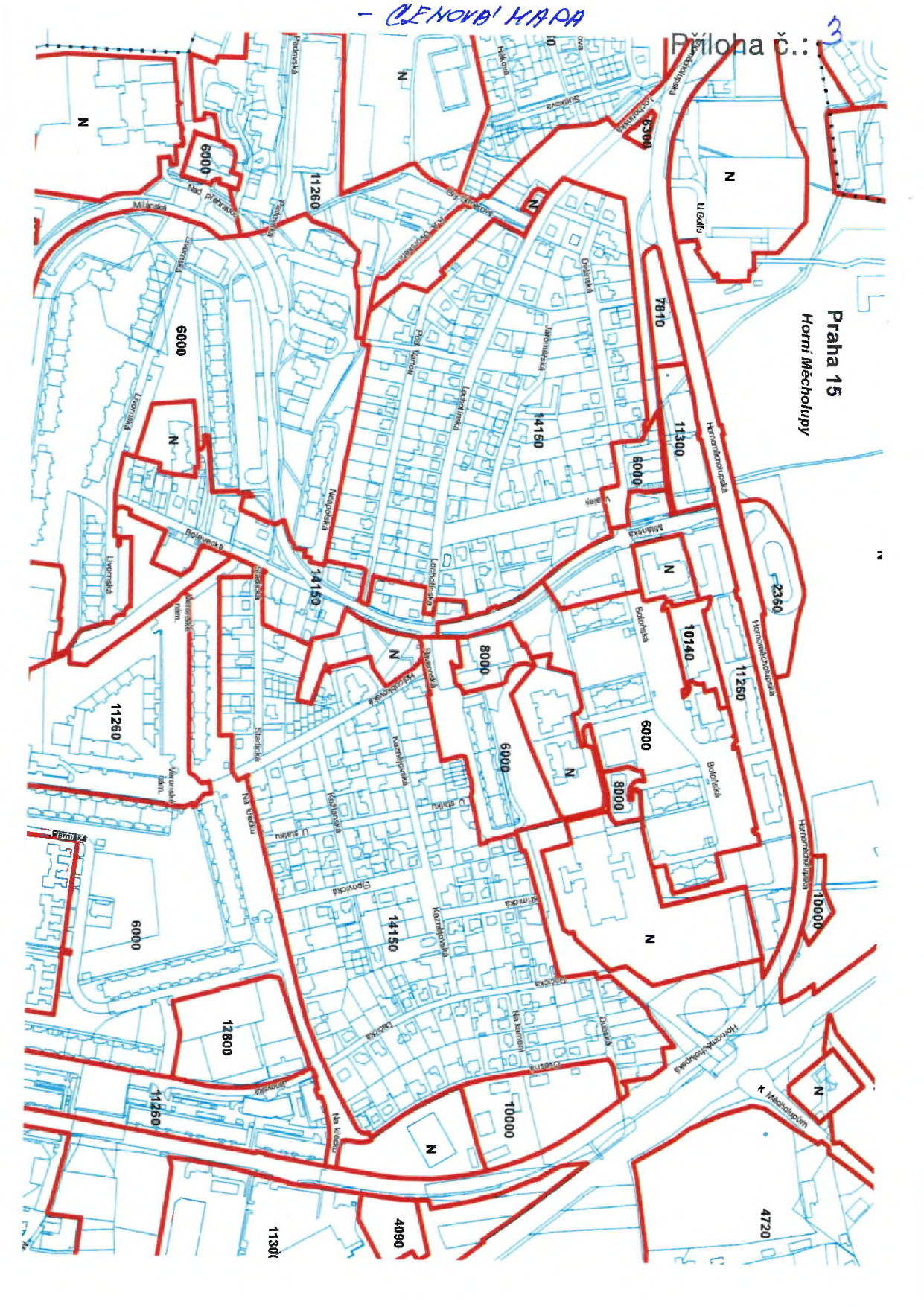 Cenová mapa území Praha 15 - Horní Měcholupy. Mapa zobrazuje vymezené oblasti s číselným označením cenových zón (např. 2360, 6000, 8000, 10000, 11260, 11300, 12800, 14150) a názvy ulic (např. Hornoměcholupská, Lochotínská, Boloňská, Milánská, Livornská, Padovská, Na křečku, K Měcholupům). V mapě jsou vyznačeny hranice pozemků a oblasti označené písmenem 'N'. V horní části je text 'CENOVÁ MAPA' a 'Příloha č.: 3'.