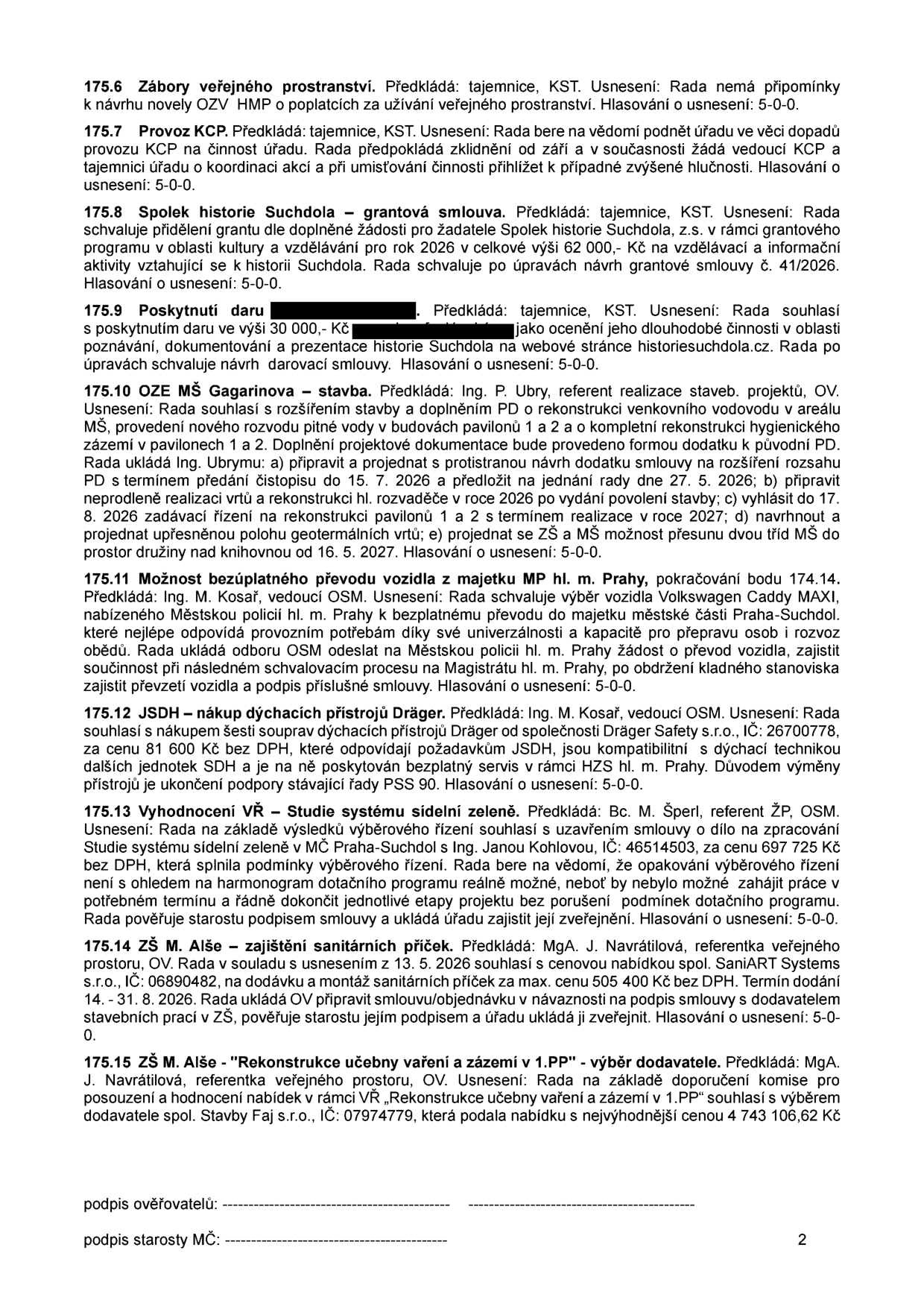 Zápis z jednání rady (usnesení): 175.6 Zábor veřejného prostranství (bez připomínek). 175.7 Provoz KCP (zklidnění od září). 175.8 Spolek historie Suchdola – grantová smlouva 62 000 Kč na rok 2026. 175.9 Poskytnutí daru 30 000 Kč pro Spolek historie Suchdola. 175.10 OZE MŠ Gagarinova – stavba, rekonstrukce vodovodu a hygienického zázemí, termíny 2026-2027. 175.11 Bezúplatný převod vozidla Volkswagen Caddy MAXI pro Městskou policii Praha-Suchdol. 175.12 Nákup dýchacích přístrojů Dräger pro JSDH za 81 600 Kč bez DPH. 175.13 Vyhodnocení VŘ – Studie systému sídelní zeleně, zhotovitel Ing. Jana Kohlová, cena 697 725 Kč bez DPH. 175.14 ZŠ M. Alše – sanitární příčky, dodavatel SaniART Systems s.r.o., cena 505 400 Kč bez DPH, termín 14. 8. – 31. 8. 2026. 175.15 ZŠ M. Alše – rekonstrukce učebny vaření, dodavatel Stavby Faj s.r.o., cena 4 743 106,62 Kč.