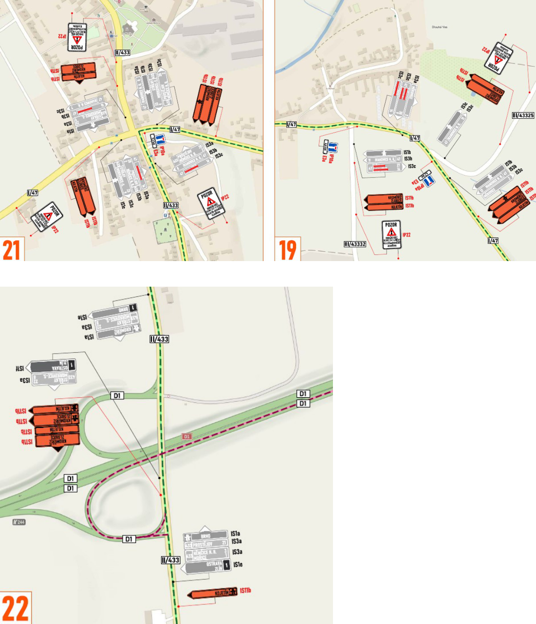 Situační nákresy dopravního značení (čísla 21, 19 a 22) znázorňující směrové tabule a dopravní značení v okolí silnic II/433, I/47 a dálnice D1. Obsahuje názvy obcí a cílů: Kojetín, Kroměříž, Morkovice-S., Ivanovice n. H., Němčice n. H., Prostějov, Brno, Zlín, Ostrava. Značky zahrnují typy IS1a, IS1b, IS1e, IS3a, IS3b, IS3c, IP22 (Pozor), IP10a a označení silnic II/433, III/4332, III/43325, I/47 a D1.