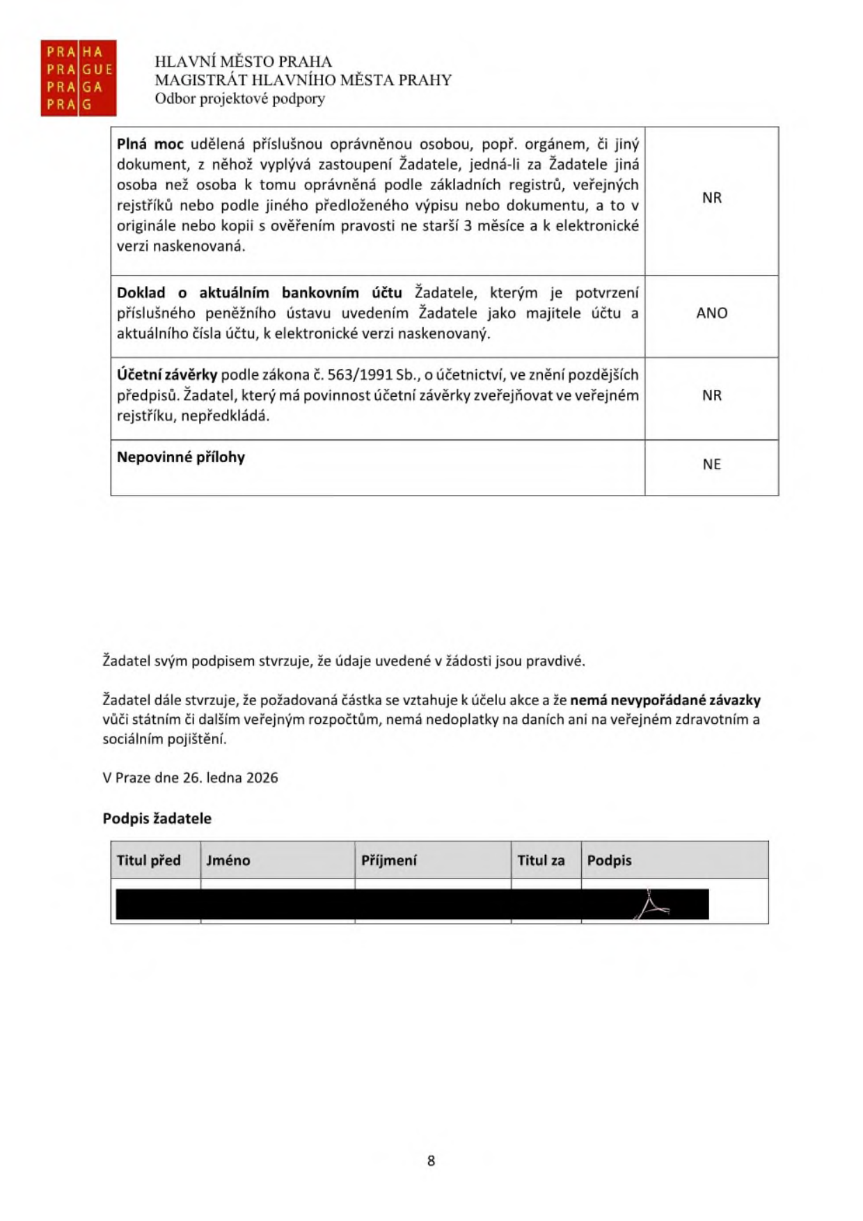 Tabulka s přílohami žádosti pro Magistrát hlavního města Prahy, Odbor projektové podpory: 1. Plná moc (NR), 2. Doklad o aktuálním bankovním účtu (ANO), 3. Účetní závěrky (NR), 4. Nepovinné přílohy (NE). Dále prohlášení žadatele o pravdivosti údajů a bezdlužnosti vůči státním rozpočtům, datováno v Praze dne 26. ledna 2026, včetně sekce pro podpis žadatele.