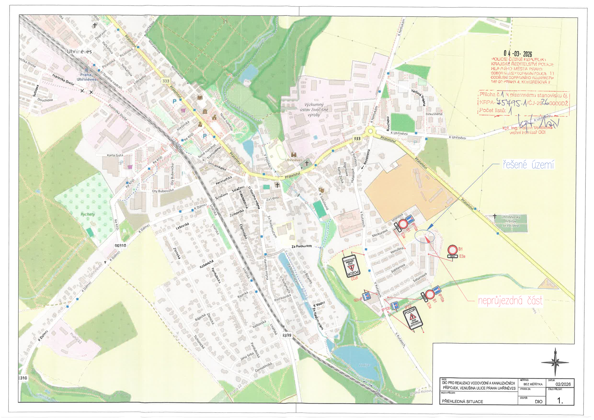 Situační nákres dopravního značení (DIO) pro realizaci vodovodních a kanalizačních přípojek v ulici Venušina, Praha-Uhříněves.