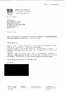 Úřední dopis Městské části Praha 13, podepsaný starostou Davidem Vodrážkou, adresovaný Ing. Patriku Panešovi, Ph.D. (Magistrát hl. m. Prahy). Předmětem je žádo…