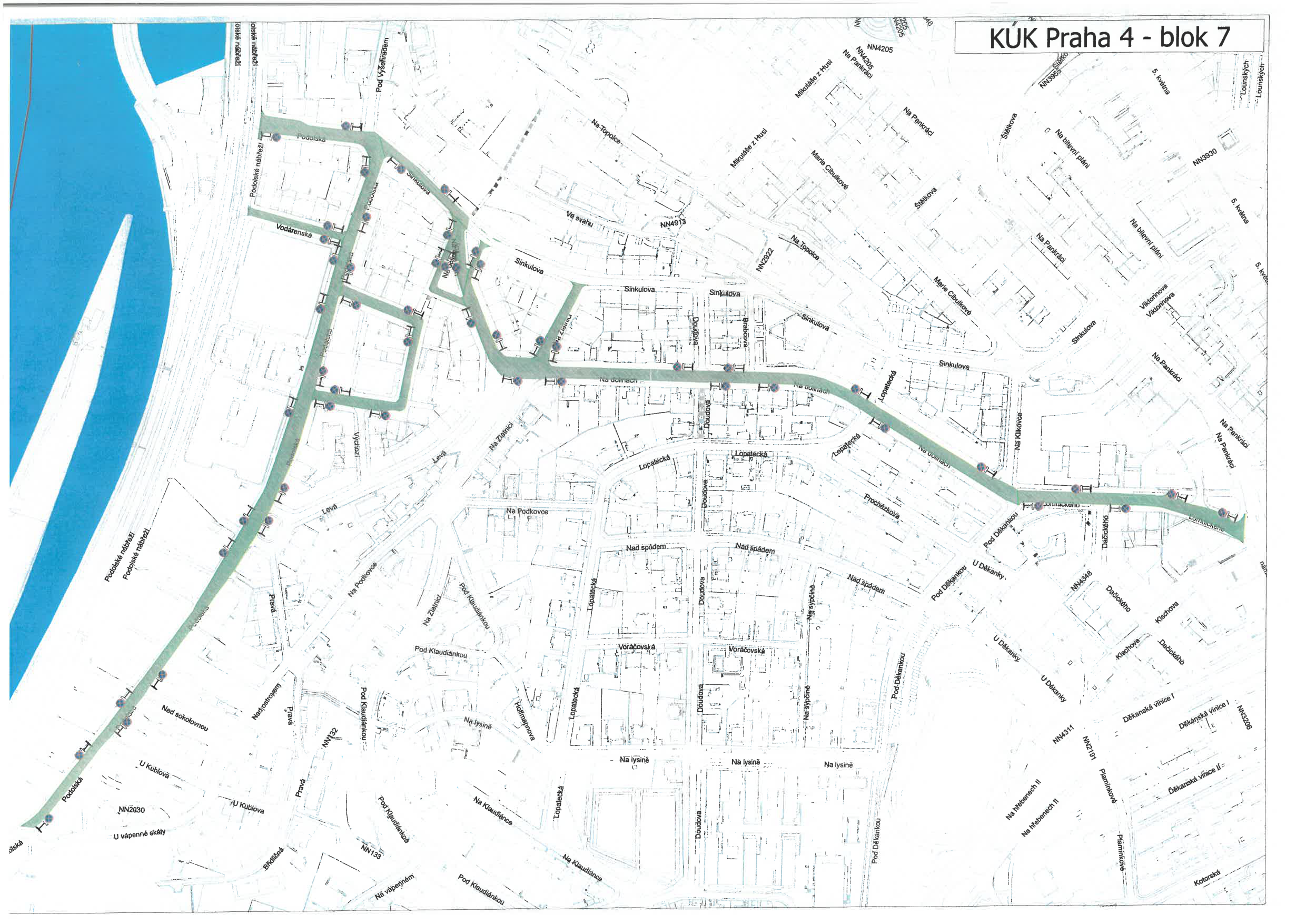 Mapa s vyznačeným úsekem (pravděpodobně zóny placeného stání nebo dopravního značení) v oblasti Praha 4 - Podolí.