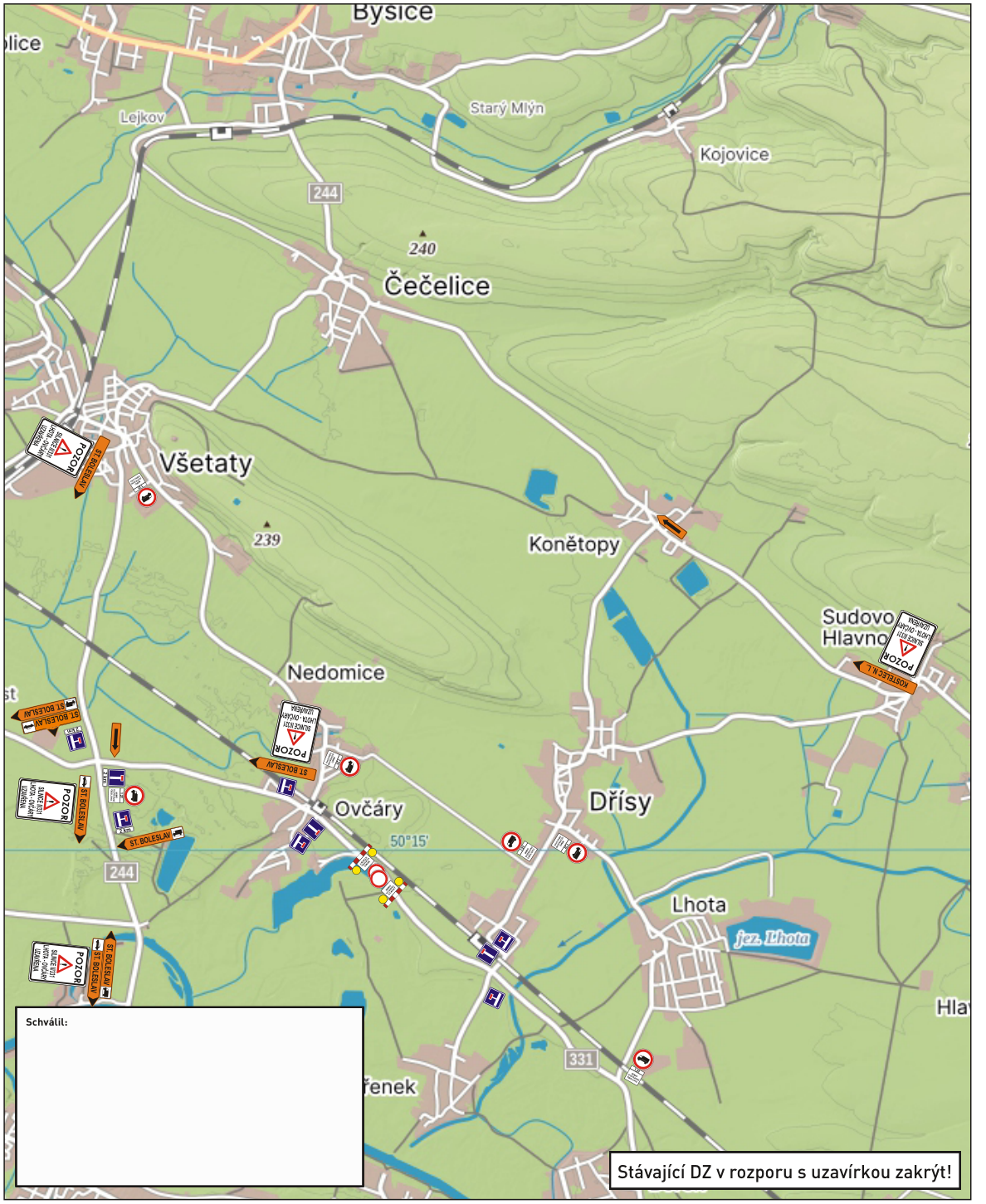 Situační nákres dopravního značení a uzavírky silnic v oblasti obcí Všetaty, Ovčáry a Dřísy.
