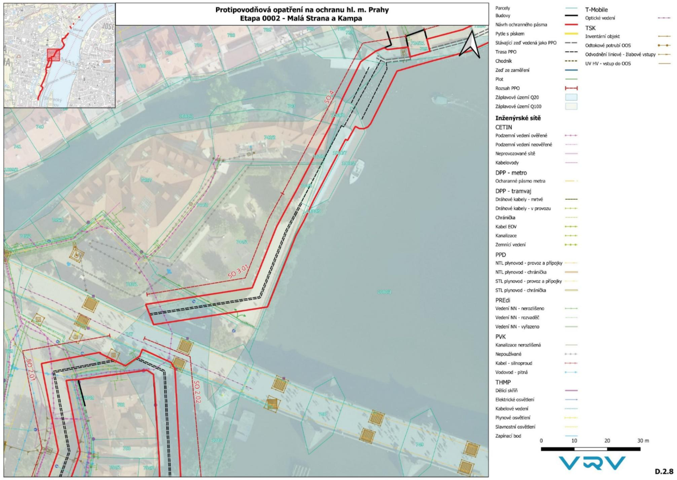 Situační plán protipovodňových opatření v lokalitě Malá Strana a Kampa v Praze.