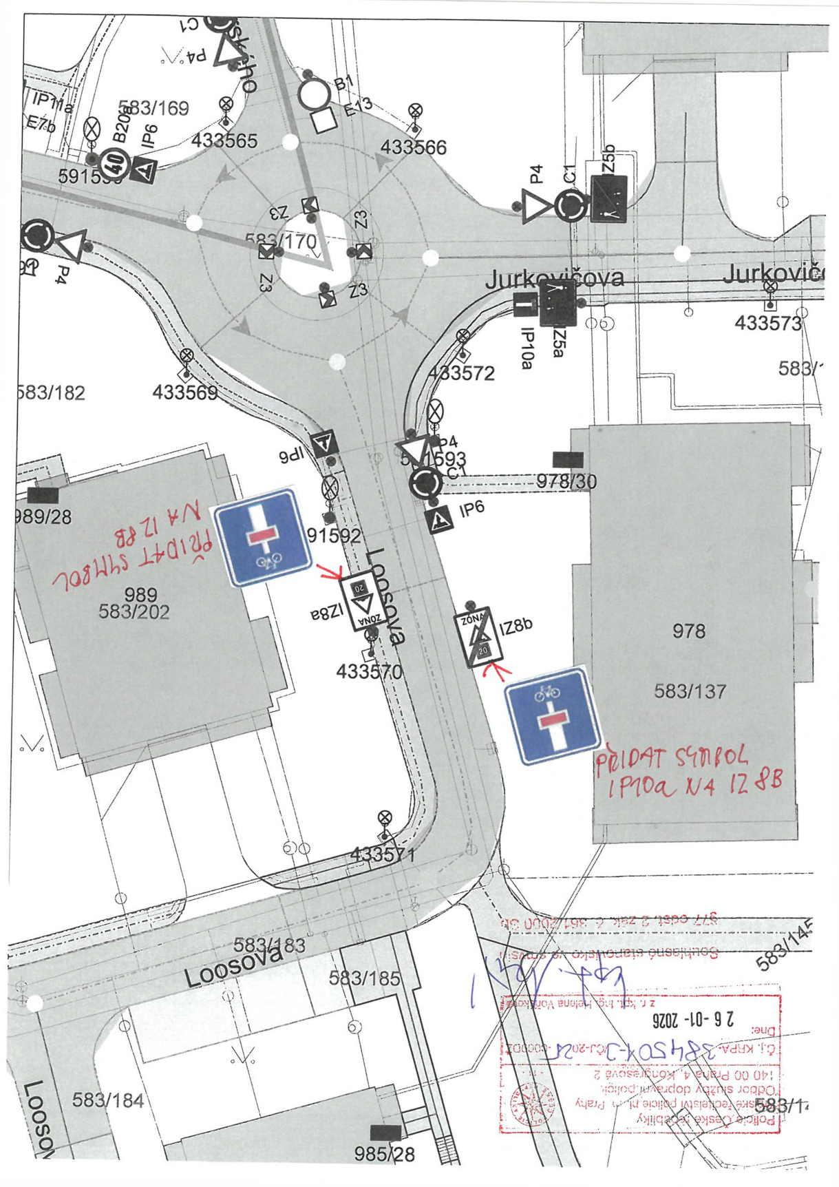 Dopravně-inženýrské situační schéma umístění dopravního značení v ulici Loosova.