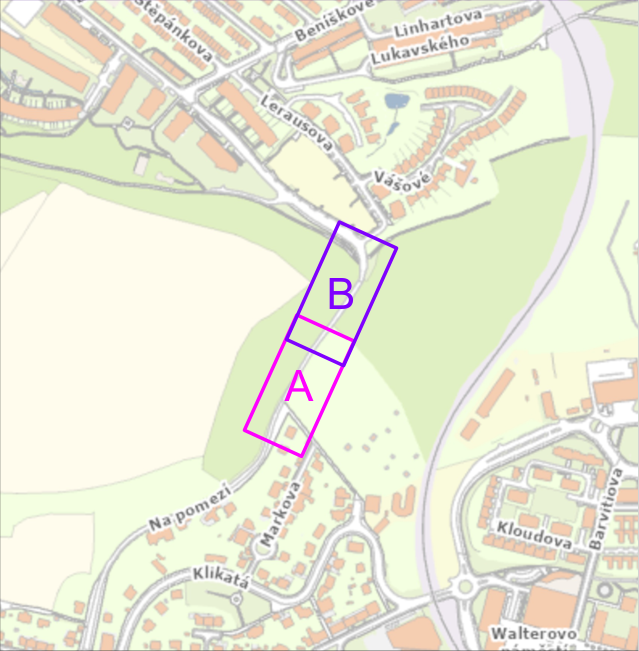 Situační nákres v mapovém podkladu zobrazující dvě vyznačené oblasti označené písmeny 'A' a 'B'. V okolí jsou patrné názvy ulic: Štěpánkova, Beniškova, Linhartova, Lukavského, Lerausova, Vašové, Na pomezí, Markova, Klikatá, Kloudova, Barvitiova a Walterovo náměstí.
