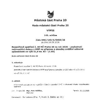 Městská část Praha 20, Rada městské části Praha 20, Výpis z 143. schůze, číslo RMC/143/5/0459/26 ze dne 24.09.2026. Rozpočtové opatření č. 40 MČ Praha 20 na ro…