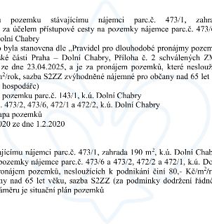 Úřední oznámení o pronájmu pozemků v k.ú. Dolní Chabry. Předmětem je pronájem pozemku parc. č. 473/1 (zahrada, 190 m²) stávajícímu nájemci za účelem přístupové…