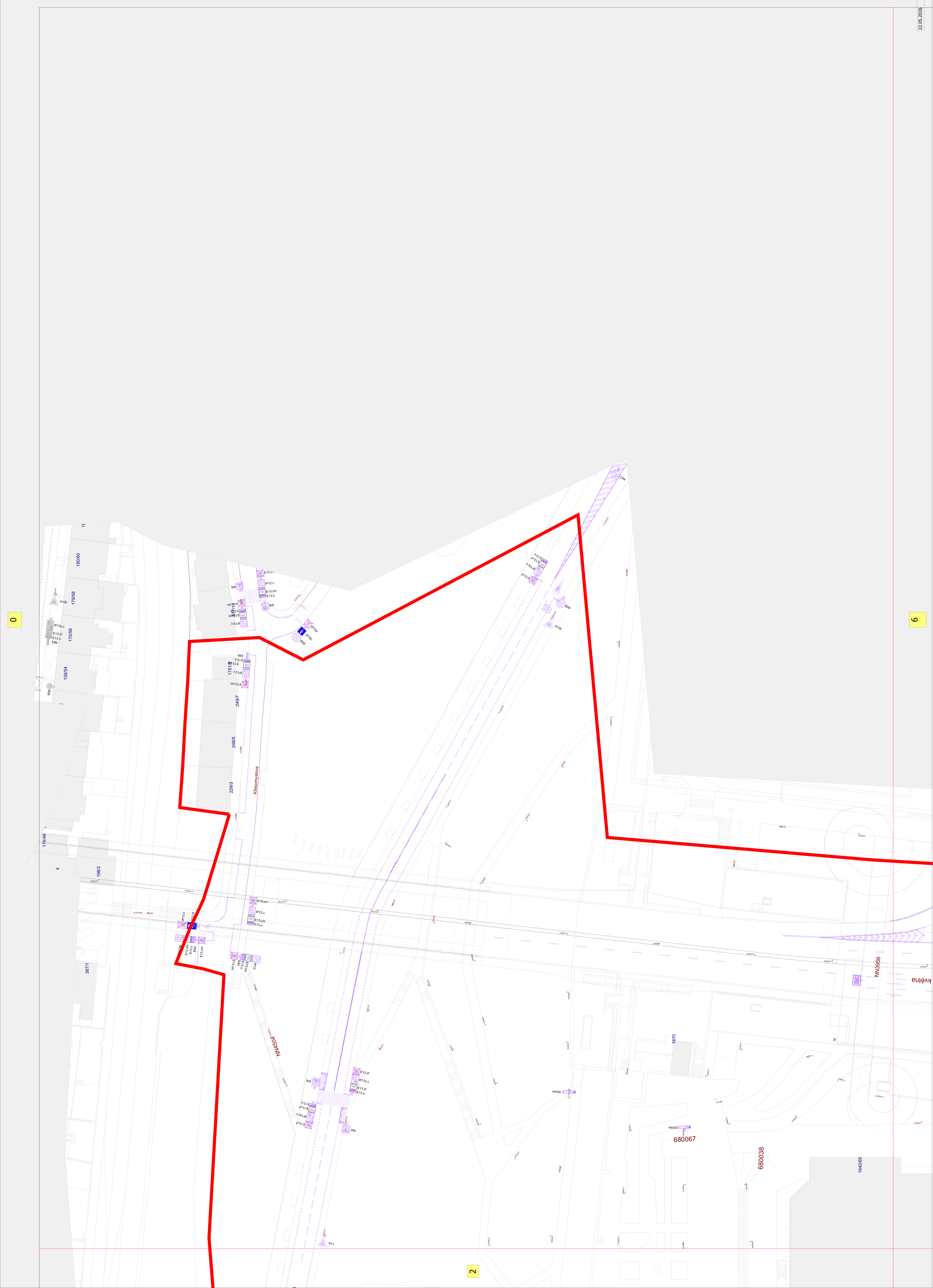Situační výkres (plán) s vyznačenou červenou hranicí zájmového území. V mapě jsou patrná čísla parcel (např. 229/3, 249/7, 170/58, 170/56, 170/54, 160/60, 680038, 680067, 164065), název ulice 'Května' a technické značení inženýrských sítí či dopravní infrastruktury. V pravém horním rohu je uvedeno datum 22.05.2024.