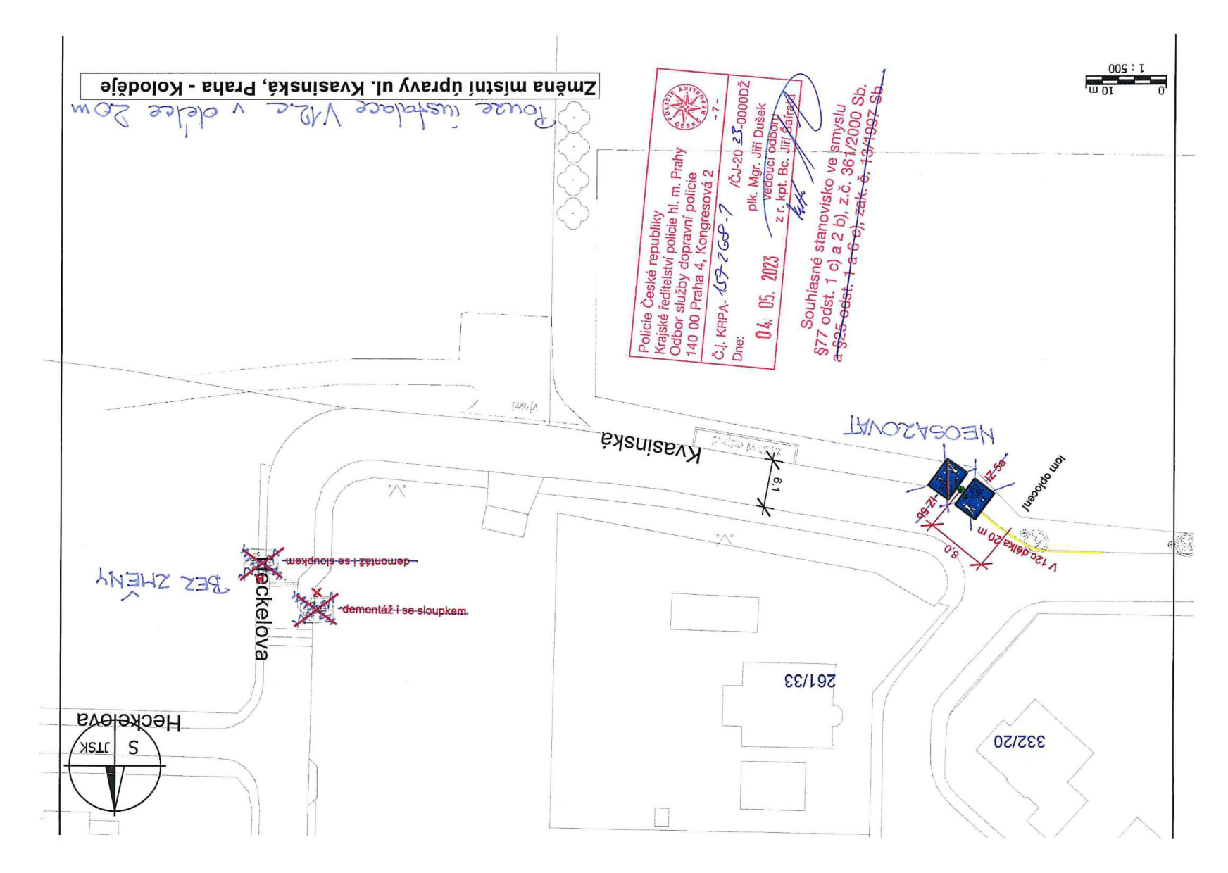 Situační nákres dopravního značení v ulici Kvasinská se schválením Policie ČR.