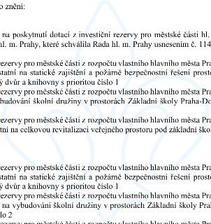 Výňatek z dokumentu o poskytnutí dotací z investiční rezervy pro městské části hl. m. Prahy, schválený Radou hl. m. Prahy usnesením č. 114. Text obsahuje sezna…