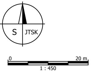 Severka (orientace severu), systém JTSK, měřítko 1 : 450, grafické měřítko do 20 m