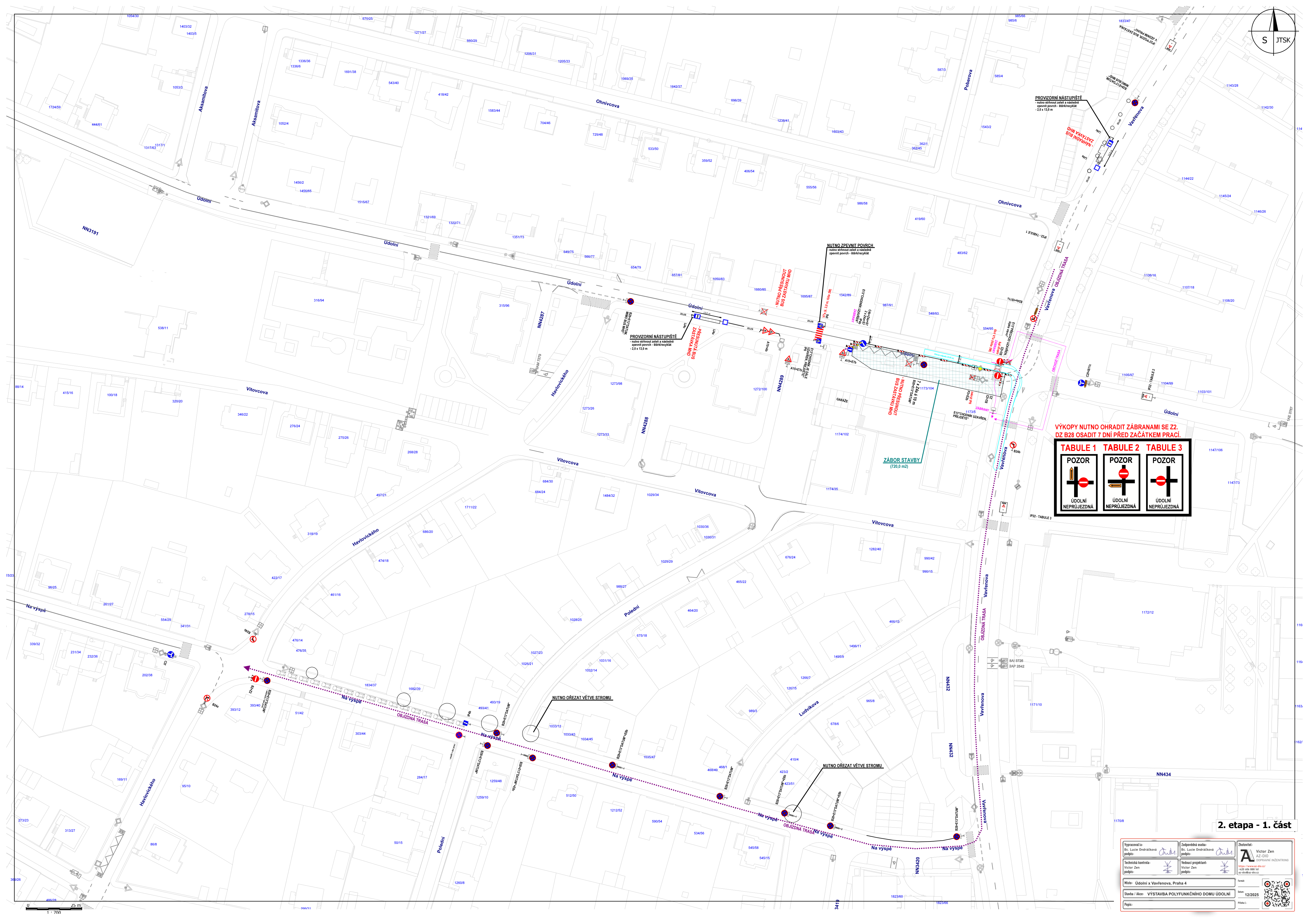 Situační plán dopravního značení a uzavírky pro stavbu v ulicích Údolní a Na Výspě.