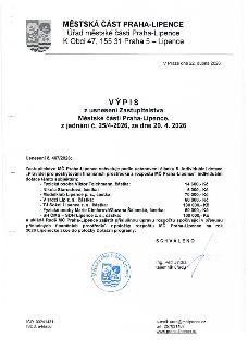 Výpis z usnesení Zastupitelstva Městské části Praha-Lipence č. 25/4-2026 ze dne 20. 4. 2026. Usnesení č. 467/2026 schvaluje individuální dotace těmto subjektům…