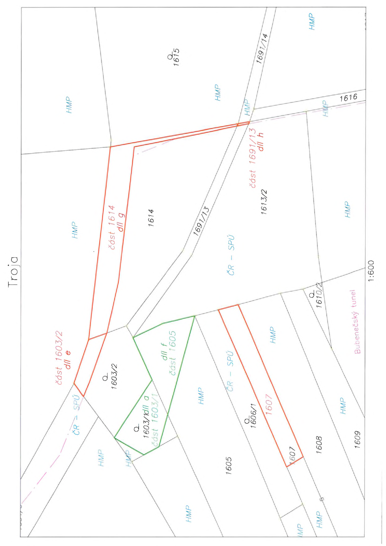 Katastrální mapa území v Troji se zvýrazněnými pozemky a jejich částmi.