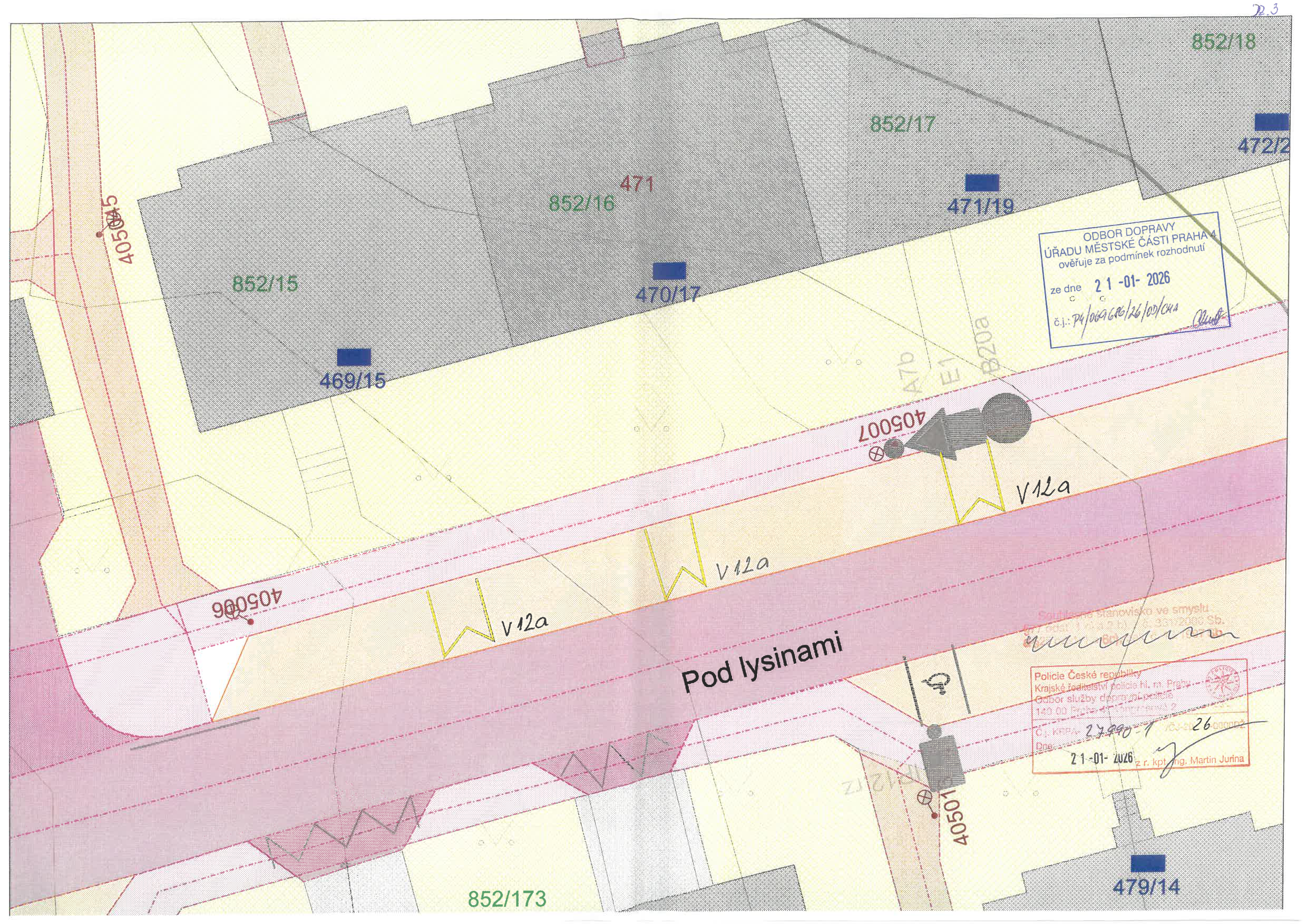 Koordinační výkres (situační nákres) dopravního značení v ulici Pod lysinami.