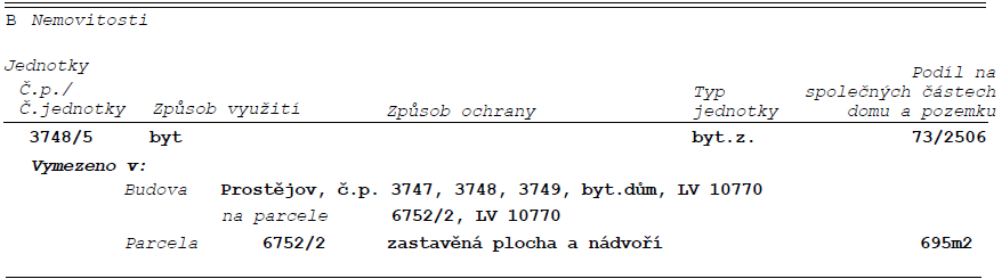 Výpis z katastru nemovitostí, část B: Nemovitosti. Jednotka č.p./č.jednotky 3748/5, způsob využití: byt, typ jednotky: byt.z., podíl na společných částech domu a pozemku: 73/2506. Vymezeno v budově: Prostějov, č.p. 3747, 3748, 3749, byt.dům, LV 10770, na parcele 6752/2, LV 10770. Parcela 6752/2, způsob využití: zastavěná plocha a nádvoří, výměra 695 m2.