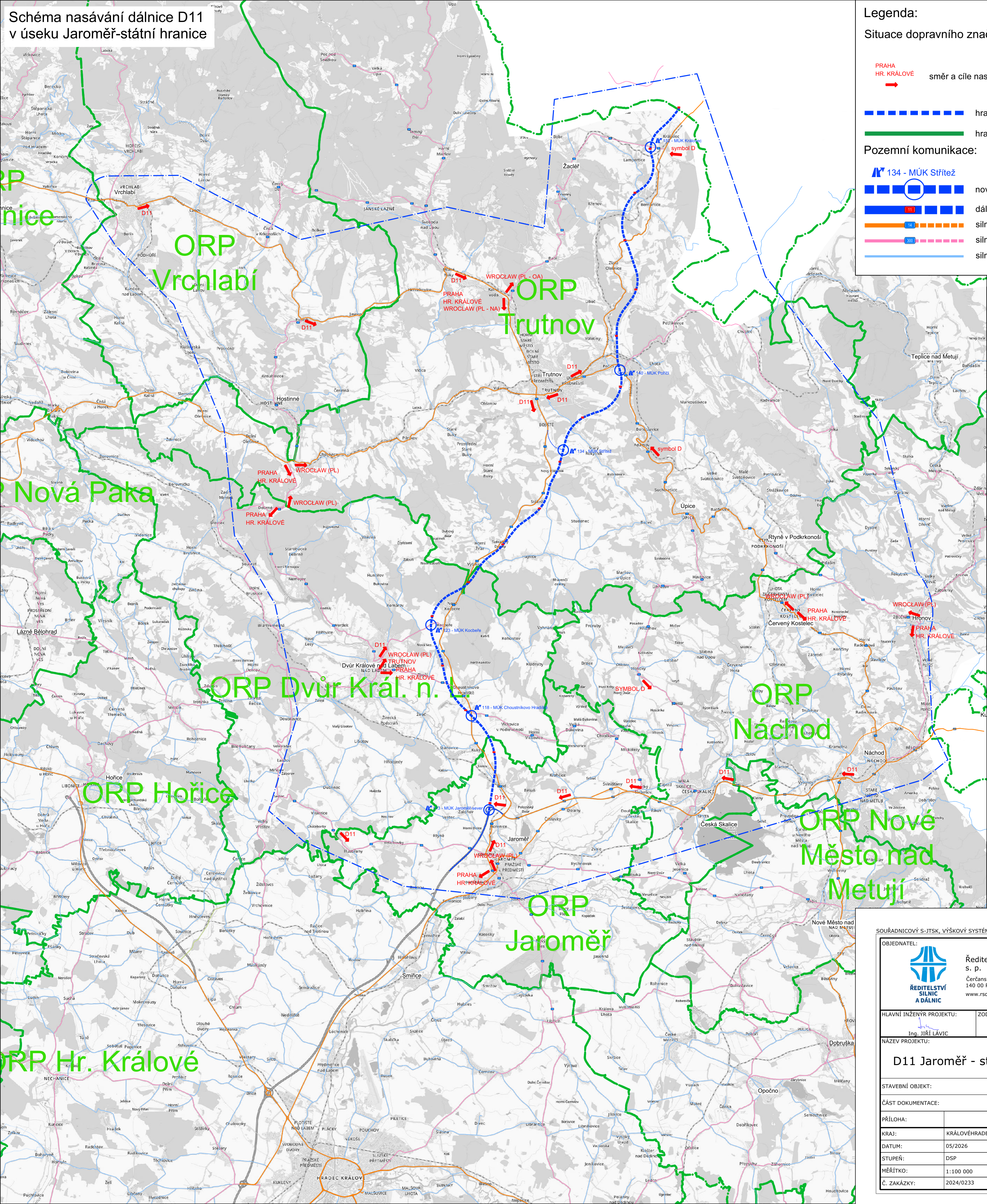 Schéma nasávání dálnice D11 v úseku Jaroměř-státní hranice. Mapa zobrazuje trasu dálnice D11 procházející územím ORP (Obec s rozšířenou působností) Jaroměř, Trutnov a dalšími oblastmi. Vyznačeny jsou mimoúrovňové křižovatky (MÚK), např. MÚK Střítež, MÚK Choustníkovo Hradiště, MÚK Kocbeře. Legenda obsahuje informace o směrovém značení na Prahu a Vratislav (Wrocław). V pravém dolním rohu je razítko projektu: Ředitelství silnic a dálnic s. p., hlavní inženýr projektu Ing. Jiří Lávič, název projektu: D11 Jaroměř - státní hranice, datum 05/2026, stupeň DSP, měřítko 1:100 000, zakázka 2024/0233.