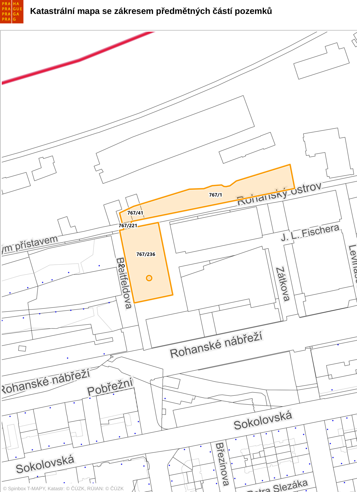 Katastrální mapa se zákresem předmětných částí pozemků. Zobrazeny jsou parcely č. 767/1, 767/41, 767/221 a 767/236 v lokalitě Rohanský ostrov, Praha. V mapě jsou dále vyznačeny ulice: Rohanské nábřeží, Pobřežní, Sokolovská, Březinova, J. L. Fischera a Zátkova.
