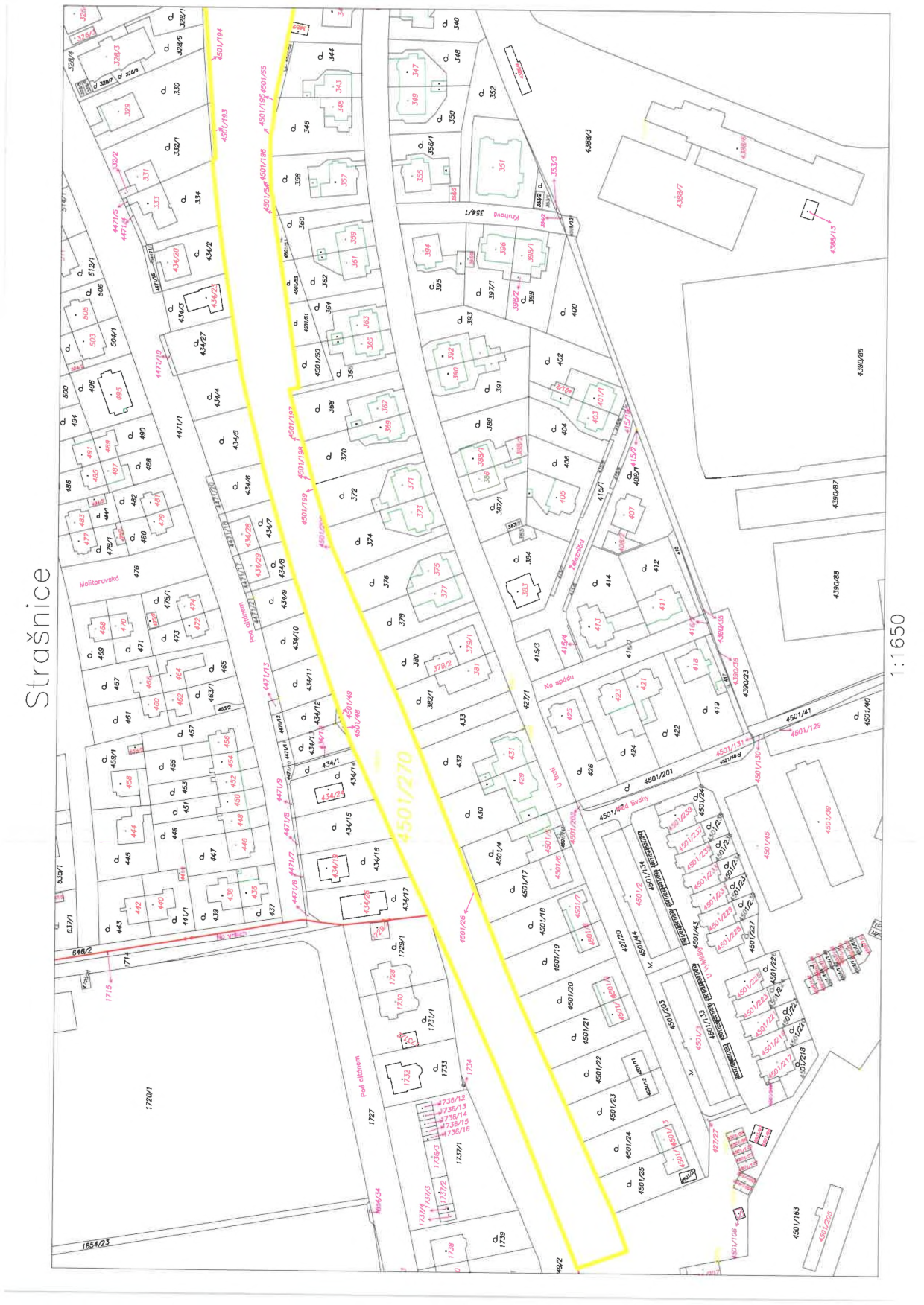 Katastrální mapa oblasti Strašnice s vyznačenými parcelními čísly budov a pozemků. Měřítko mapy je 1:1650. Výrazně je žlutou barvou zvýrazněna parcela č. 4501/270.
