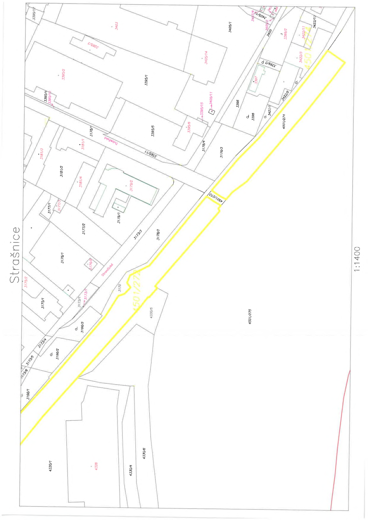 Katastrální mapa oblasti Strašnice s vyznačenými parcelními čísly (např. 4330/1, 3166/1, 3173/5, 3175/1, 3176/1, 3177/1, 3177/2, 3178/2, 3179/2, 3181/2, 3181/4, 3195/1, 3195/5, 3195/11, 3195/15, 3395/2, 3395/10, 3405/1, 3405/11, 3405/14, 3422/9, 3422/11, 4330/6, 4501/273, 4501/274, 4501/275). Mapa obsahuje názvy ulic 'Dubečská' a 'Strašnická'. Měřítko mapy je 1:1400.