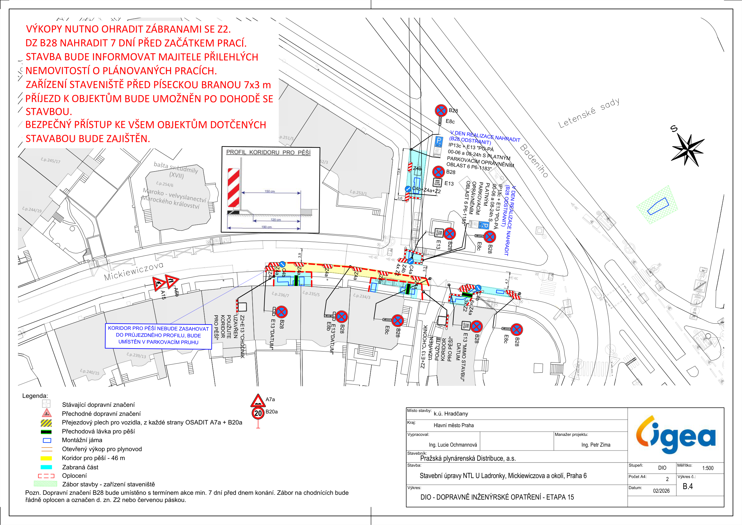 Koordinační situační výkres dopravního značení a záboru pro stavební práce v ulici Mickiewiczova.