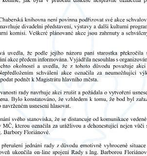 Výňatek z zápisu z jednání rady městské části: Text uvádí, že Chaberská knihovna není povinna podřizovat své akce (divadelní představení, výstavy atd.) kulturn…