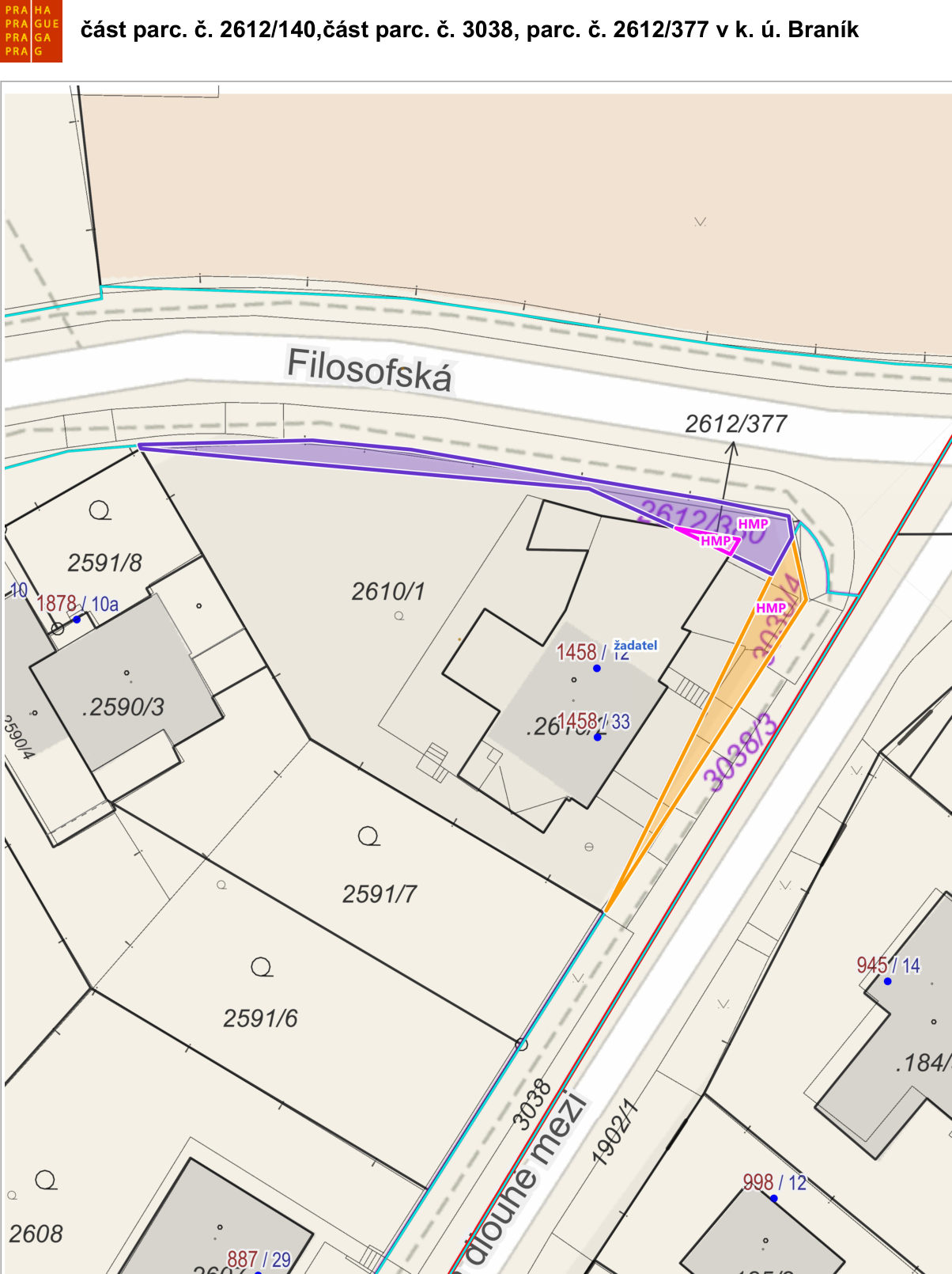 Katastrální situační nákres pro část parc. č. 2612/140, část parc. č. 3038 a parc. č. 2612/377 v k. ú. Braník. Mapa zobrazuje okolí ulice Filosofská, vyznačené parcely (např. 2591/8, 2591/7, 2591/6, 2610/1, 3038/3, 1902/1), budovy (např. 1458/12, 1458/33) a označení 'HMP' (Hlavní město Praha) u vyznačených ploch. V mapě je také text 'žadatel' u parcely 1458/12 a název ulice 'Dlouhé mezi'.