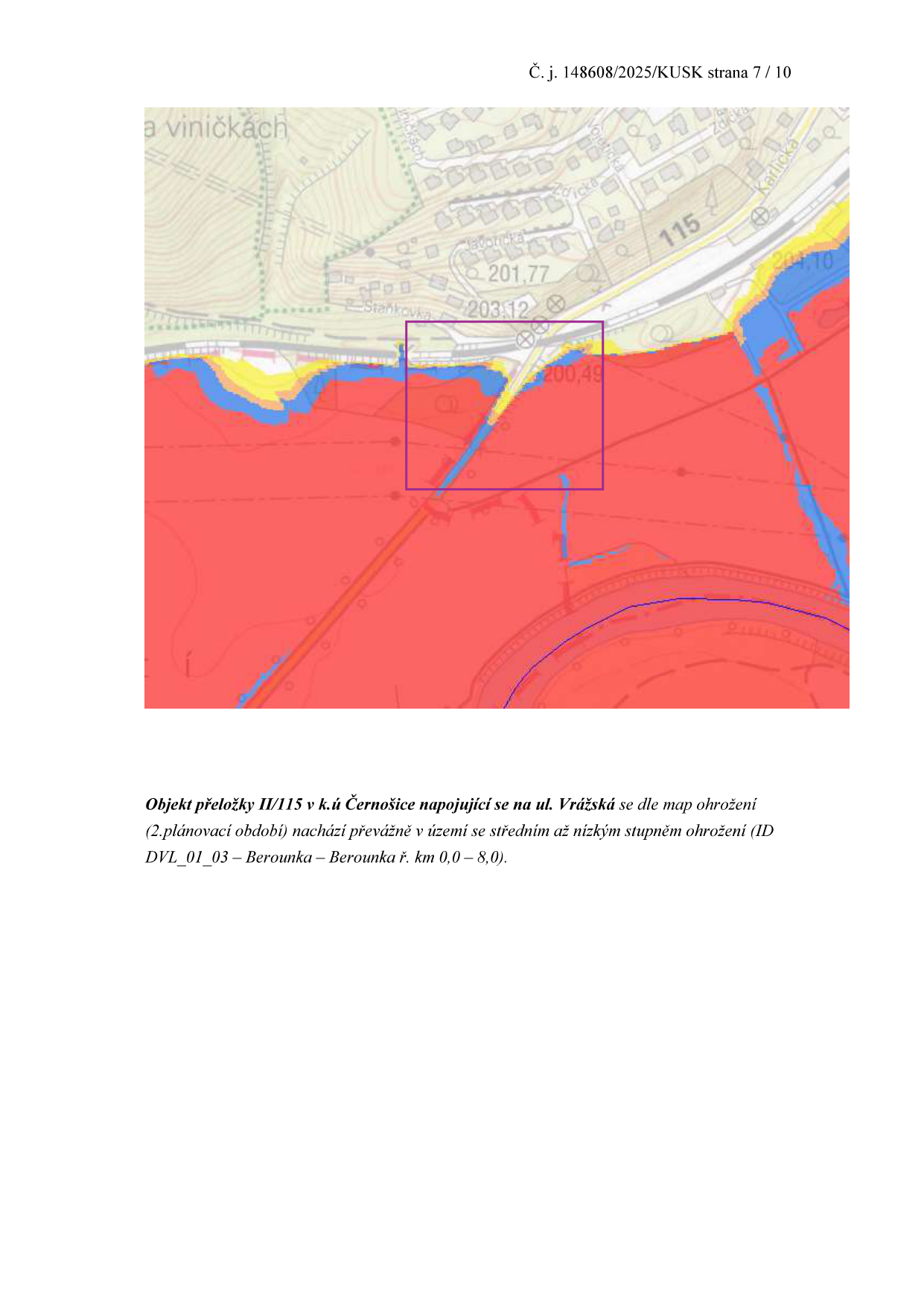 Mapa záplavového území s vyznačeným objektem v Černošicích.