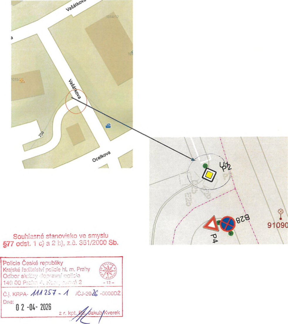 Situační nákres dopravního značení v ulici Vašátkova se souhlasným stanoviskem Policie ČR.