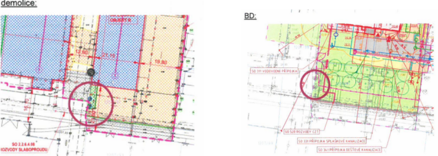 Výřez z plánu stavby. Levá část označená jako 'demolice' obsahuje nápis 'SO 2.2.6.4.08 ROZVODY SLABOPROUDU'. Pravá část označená jako 'BD' obsahuje popisky inženýrských sítí: 'SO 311 VODOVODNÍ PŘÍPOJKA', 'SO 520 ROZVODY CZT', 'SO 331 PŘÍPOJKA SPLAŠKOVÉ KANALIZACE' a 'SO 361 PŘÍPOJKA DEŠŤOVÉ KANALIZACE'.