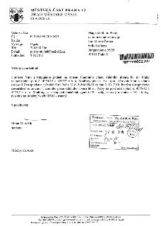 Úřední dopis Městské části Praha 12 ze dne 8. 10. 2018 adresovaný Magistrátu hl. m. Prahy, odboru územního rozvoje. Předmětem je podnět na změnu Územního plánu…