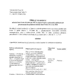 Dokument 'Příkaz starosty' Městské části Praha 20 (č.j. MCP20 023081/2026) k nápravě chyb a nedostatků zjištěných při přezkoumání hospodaření za rok 2025. Tabu…